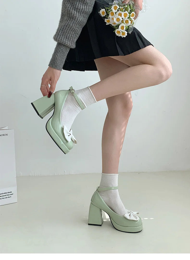 Futurecen Thick heels, high heels, women's spring and autumn new French Marijane shoes with bow  wedding shoes bride