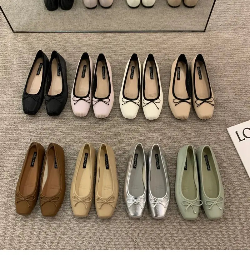 Classic Female Flats Ballerina Shoes Women Fashion Square Toe Pleated Ballet Bow Knot Shallow Moccasin Casual Loafer Sliver