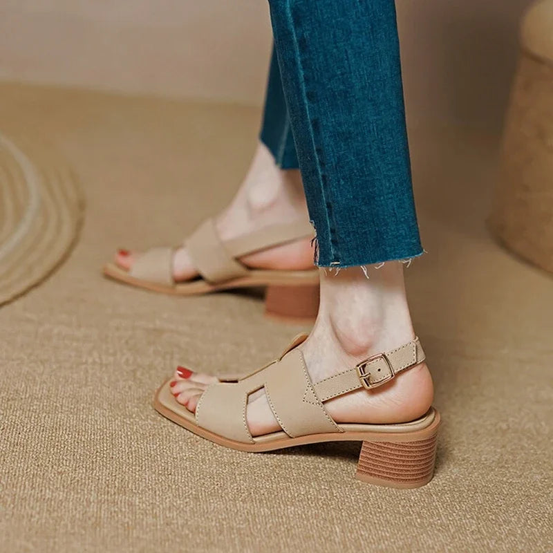 Futurecen NEW Summer Women Sandals Square Toe Chunky Heel Shoes Genuine Leather Shoes for Women Concise High Heels Buckle Ladies Shoes