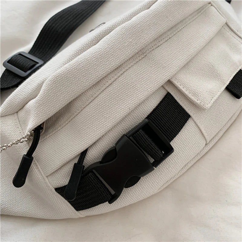 Futurecen  -  Waist Belt Bag Female Bag New Harajuku Style Slung Canvas Casual Running Sports Chest Bag White Fanny Pack Black Bum Bag