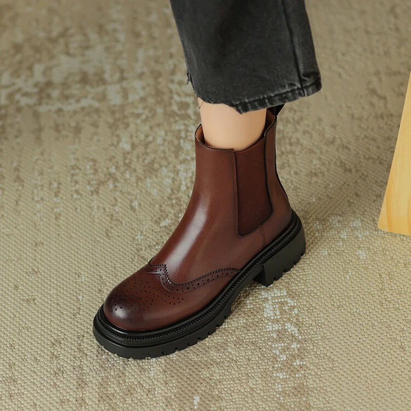 Futurecen NEW Autumn Boots Women Split Leather Shoes for Women Round Toe Chunky Heel Women Boots Winter Black Chelsea Boots