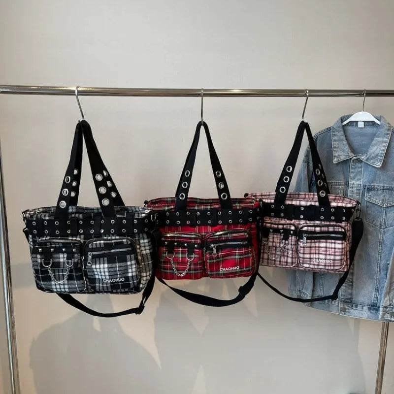 Futurecen  -  Gothic Punk Tote Bags Women Y2K Large Capacity Moto Style Shoulder Bolso Mujer Designer Luxury Plaid Crossbody Bag Female