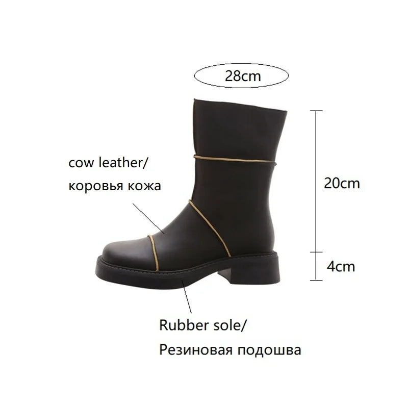 Futurecen NEW Autumn Shoes Women Genuine Leather Boots Lattice Square Toe Chunky Heel Boots Women Casual Zipper Short Black Boots