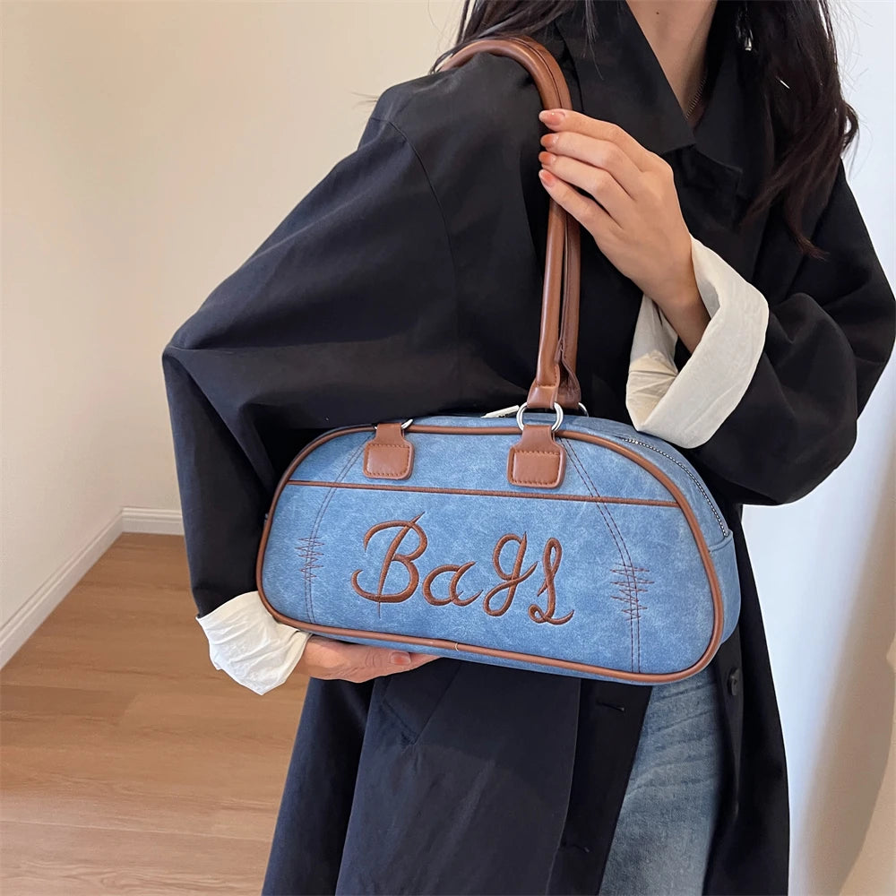 Futurecen Retro Bowling Shoulder Bags For Women Letter Embroidery Solid Color Long Handle Boston Bag Luxury Designer Handbags