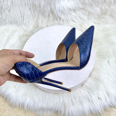 Futurecen Navy Blue Cro-Effect Women Pointed Toe Stiletto Pumps Comfortable Sexy Ladies Party Show Dress High Heel Shoes