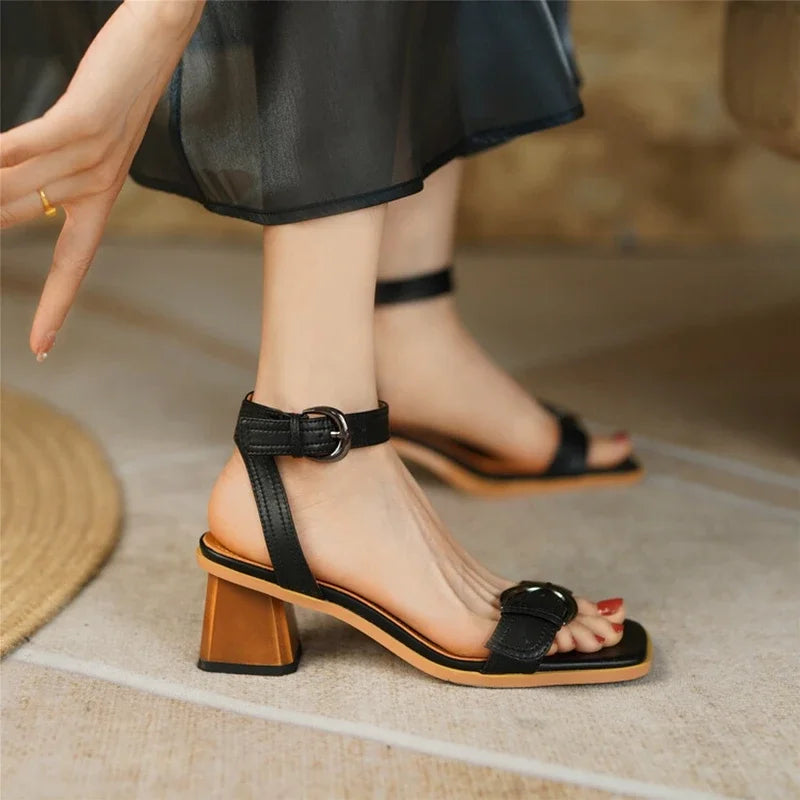 Futurecen  -  NEW Summer Women Shoes Square Toe Chunky Heel Women Sandals Cow Leather High Heels Solid Band Shoes Casual Black Shoes for Women