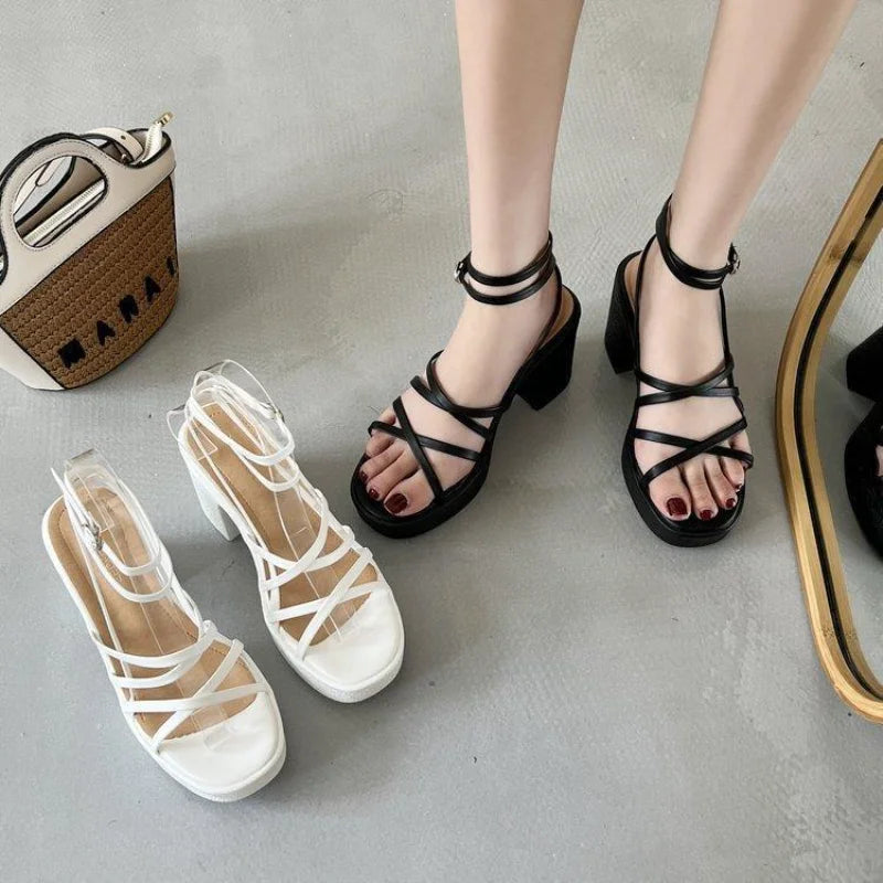 Futurecen  Summer Chunky Heels Cross Straps Sandals for Women Sexy Platform Open-Toe High Heels Korean Roman Shoes