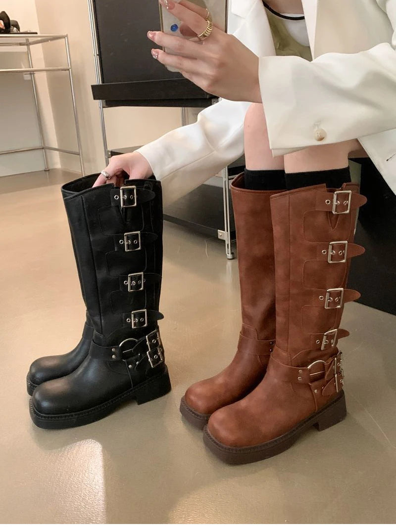 Futurecen Winter High Women Boots Fashion Metal Decoration Knee High Boots 2024 Female Autumn Winter Girl's Knight Boots Shoes