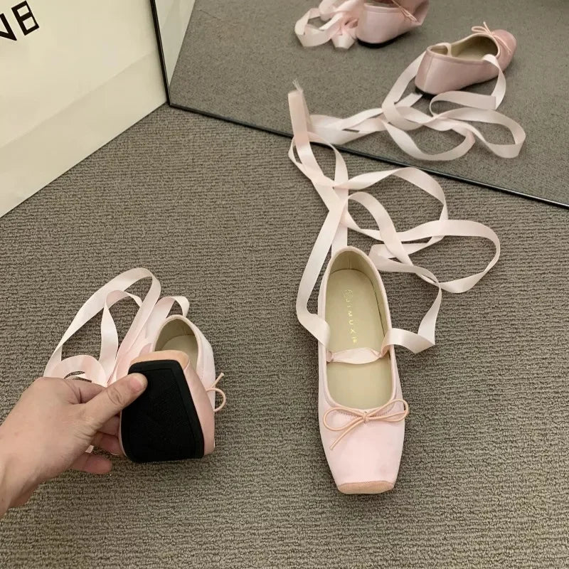 Futurecen New Women's Flat Footwear Pink Ballet Women Single Shoes Fashion Lace Up Girl Mary Jane Shoes Sweet Flowers Ladies 2024 Spring