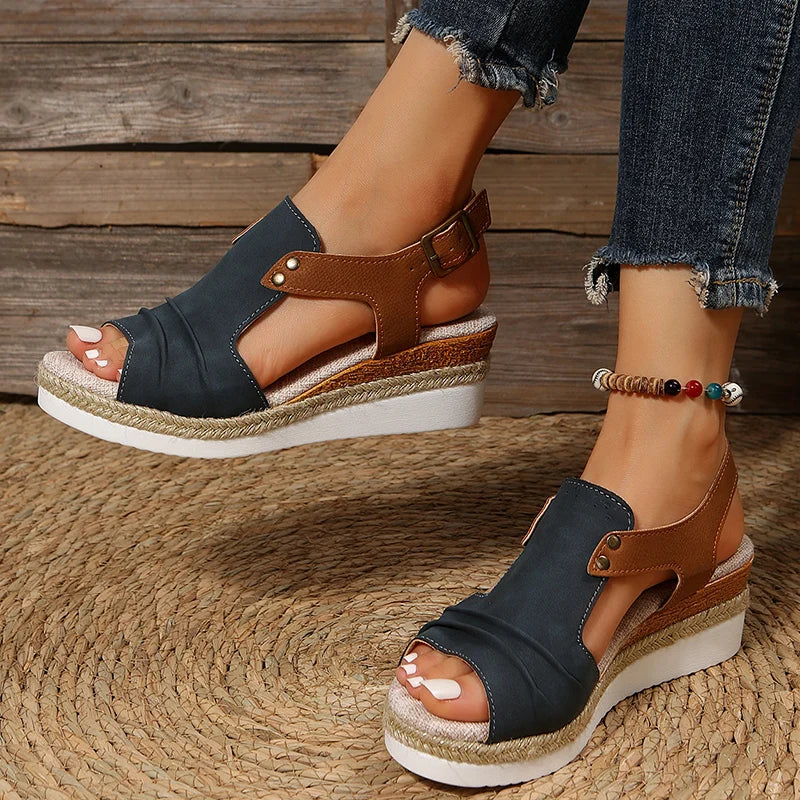 Futurecen  Pleated PU Leather Wedge Sandals for Women Back Strap Espadrilles Platform Sandal Woman  Summer Thick Bottom Peep Toe Shoes