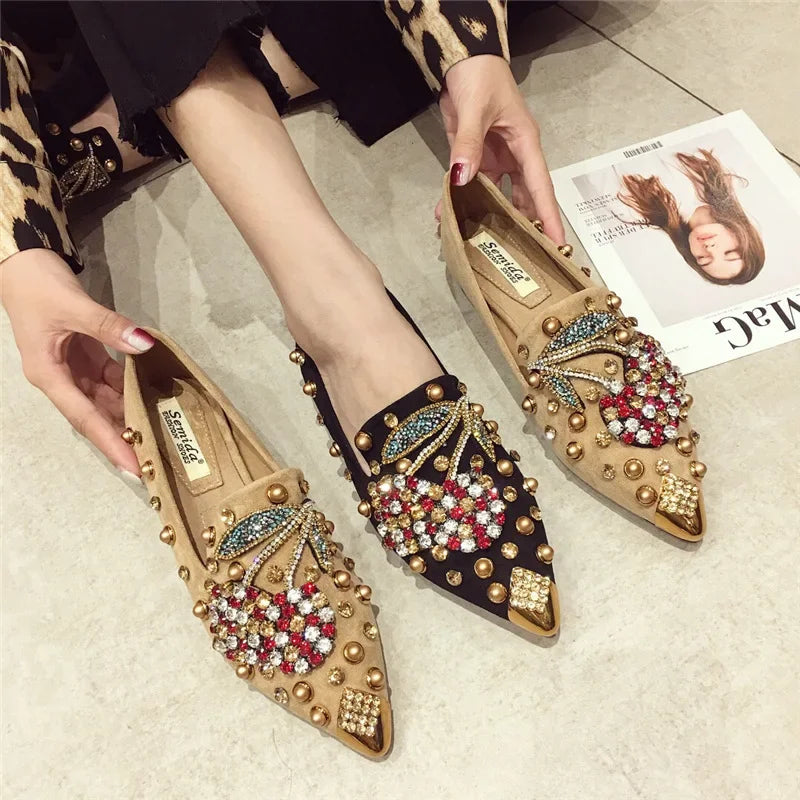 Futurecen  -  trending shoes New Pointed Toe Women Flat Rhinestones Loafers Autumn Rivets Classic Ladie Flats Shoes Women's Ballet Flats Soft Boat Shoes