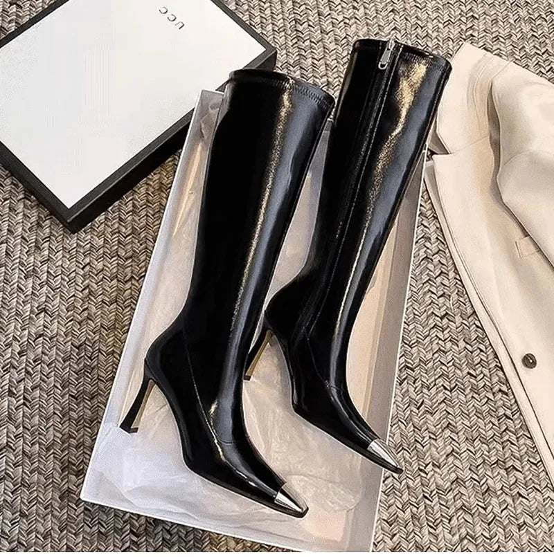 Futurecen Winter Women High Heel Knee-High-Boots Sexy Pointed Toe Long Booties Shoes Party Dress Ladies Shoes