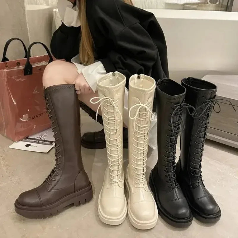 Futurecen  -  Women Knee Boots Women Fashionable Elastic Boots Autumn Winter Thick Soled Knight Boots Leather Knee High Flat Bottom Shoes