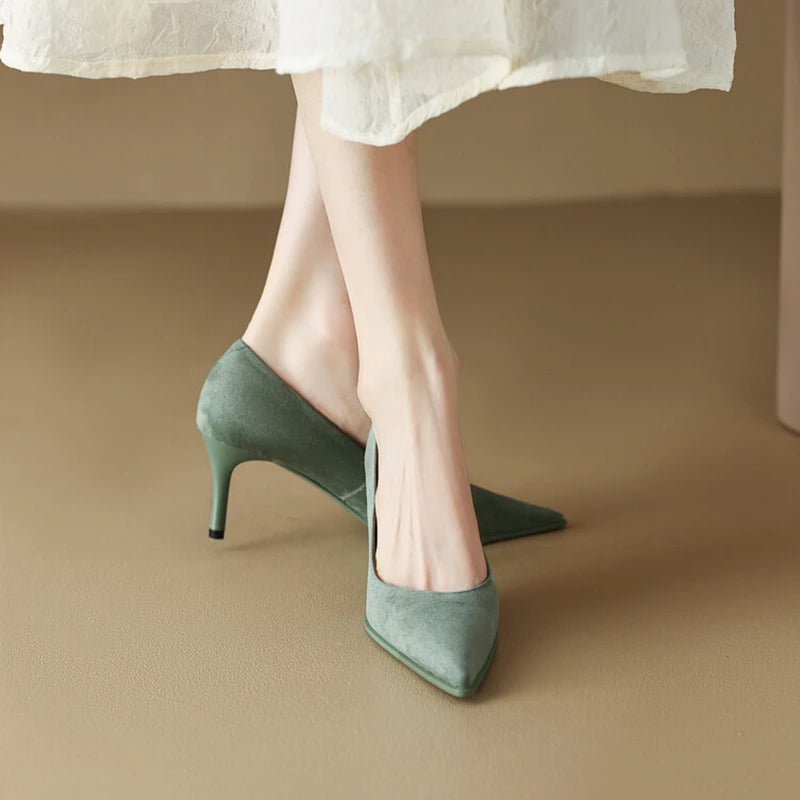 Futurecen  -  NEW Spring Women Shoes Pointed Toe Thin Heel Pumps for Women Sheep Suede High Heels Green Women Stiletto Heels zapatos de mujer