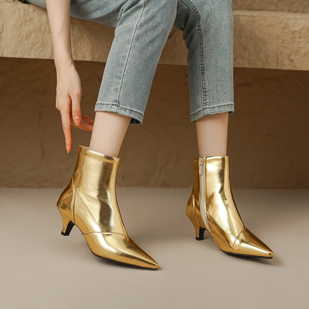 Futurecen Pointed Toe Ankle Boots For Women Fashion Side Zippers Short Boots Female Slim Thin High Heels Gold Silver Shoes Booties