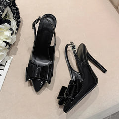 Futurecen Classics High Heels Women Bule Leather Bowknot Pointed Toe Stiletto Fashion Buckle Strap Slip On Slingback Shoes Pumps