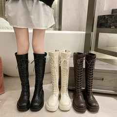 Futurecen  -  Women Knee Boots Women Fashionable Elastic Boots Autumn Winter Thick Soled Knight Boots Leather Knee High Flat Bottom Shoes