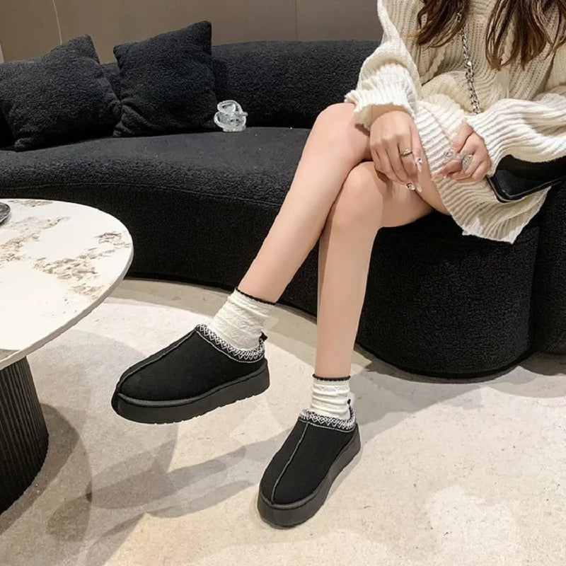 New Winter Retro Women Snow Warm Suede Leather Lazy Loafers Boots Shoes Woman Lady Female Flat Bottine Botas Boots Shoes