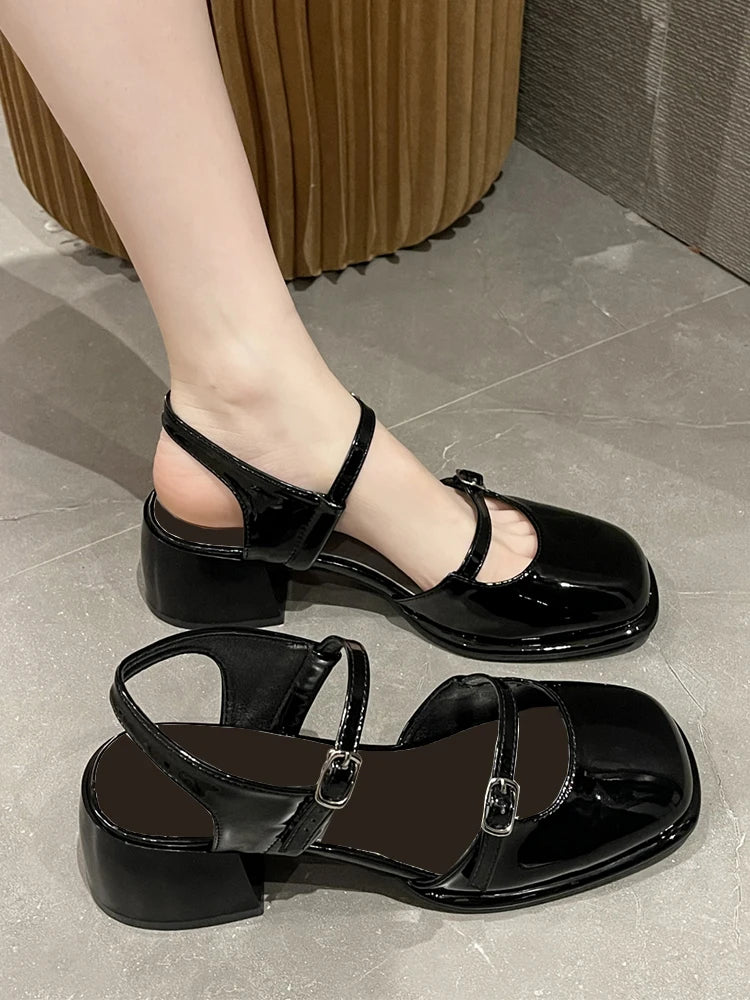 Futurecen  -  African Woman Shoe Mary Jane Summer High Heels Chunky Sandals Navy Blue Pumps Sweet Burgundy Straps Lolita Closed Black Bei