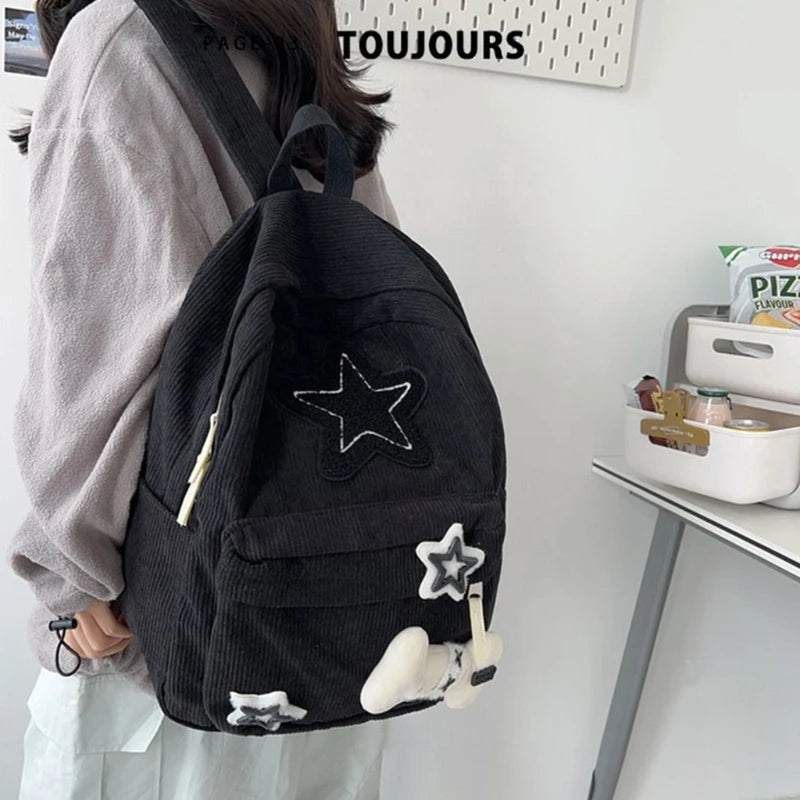 Futurecen Cute Y2K Aesthetic Backpack Stars Pattern Preppy Rucksack College Student Computer Backpack Corduroy Bookbag for Girl