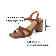 Futurecen  -  NEW Summer Women Sandals Genuine Leather Shoes for Women Square Toe Chunky Heel Shoes Casual Narrow Band Gladiator Brown Shoes