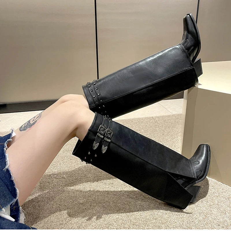 Futurecen Winter Women Cowboy Boots Fashion Slip On Belt Buckle Ladies Elegant Long Pipe Boots Casual Thick Heel Women's Boot