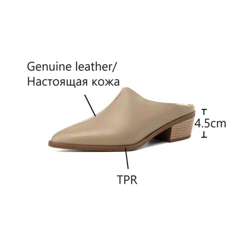 Futurecen  -  NEW Summer Women Mules Genuine Leather Shoes for Women Cover Toe Chunky Heel Slippers Pointed Toe Slingback Designer Sandals