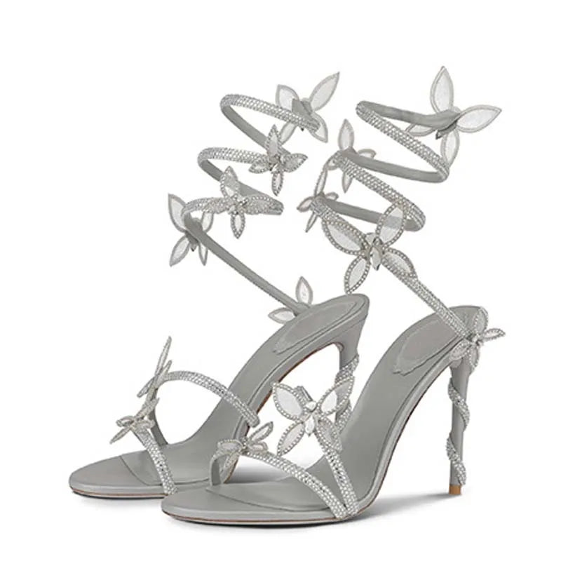 Futurecen Sexy Crystal Butterfly-knot Ankle Strap Sandals Woman Fashion Open Toe Stiletto High Heels Banquet Party Pumps Shoes