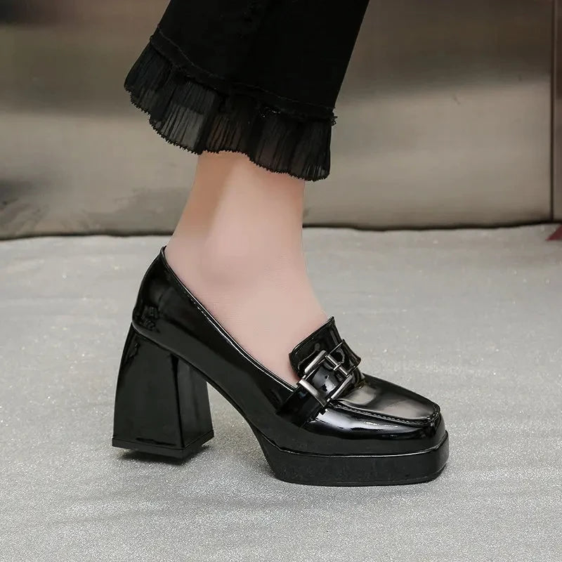 heels lolita shoes Chunky Platform shoes Loafers Heel Patent Leather Slip On Casual Shoes Women Lady Office Shoes black Heels