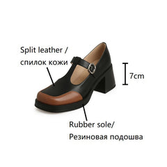 Futurecen  -  NEW Spring Women Pumps Split Leather Shoes for Women Square Toe Chunky Heel Shoes Mixed Colors Mary Janes Concise Handmade Shoes