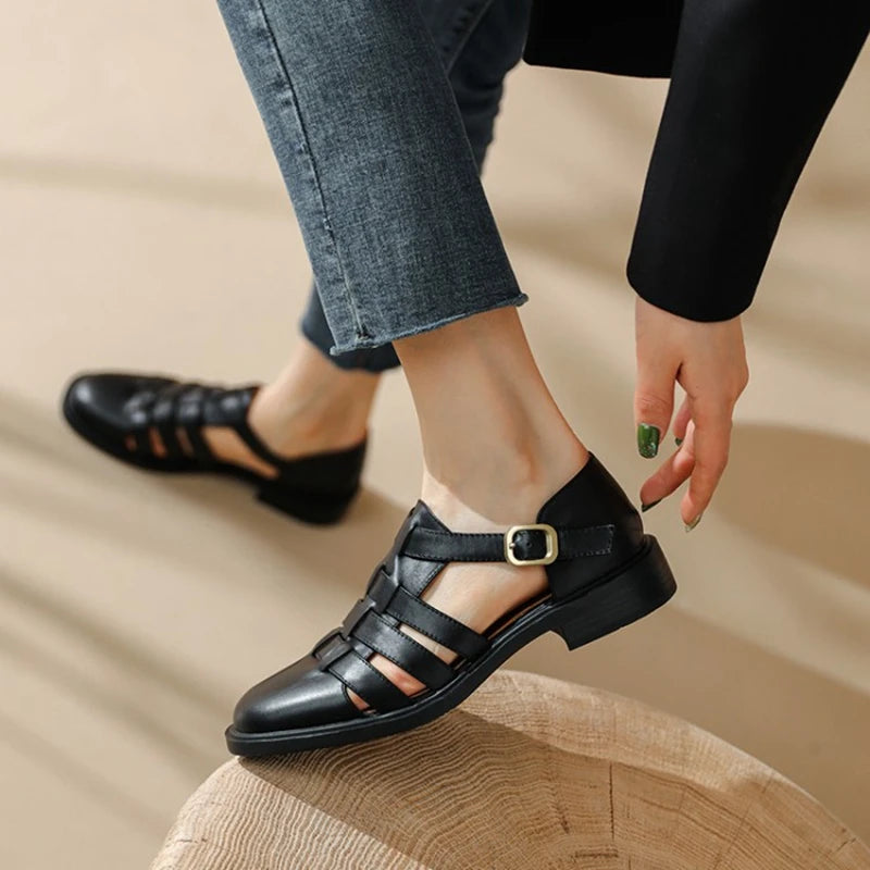 Futurecen  -  Genuine Leather Women Sandals Round Toe Low Heel Summer Women Shoes Roman Black Shoes for Women Handmade Shoes Женские сандалии