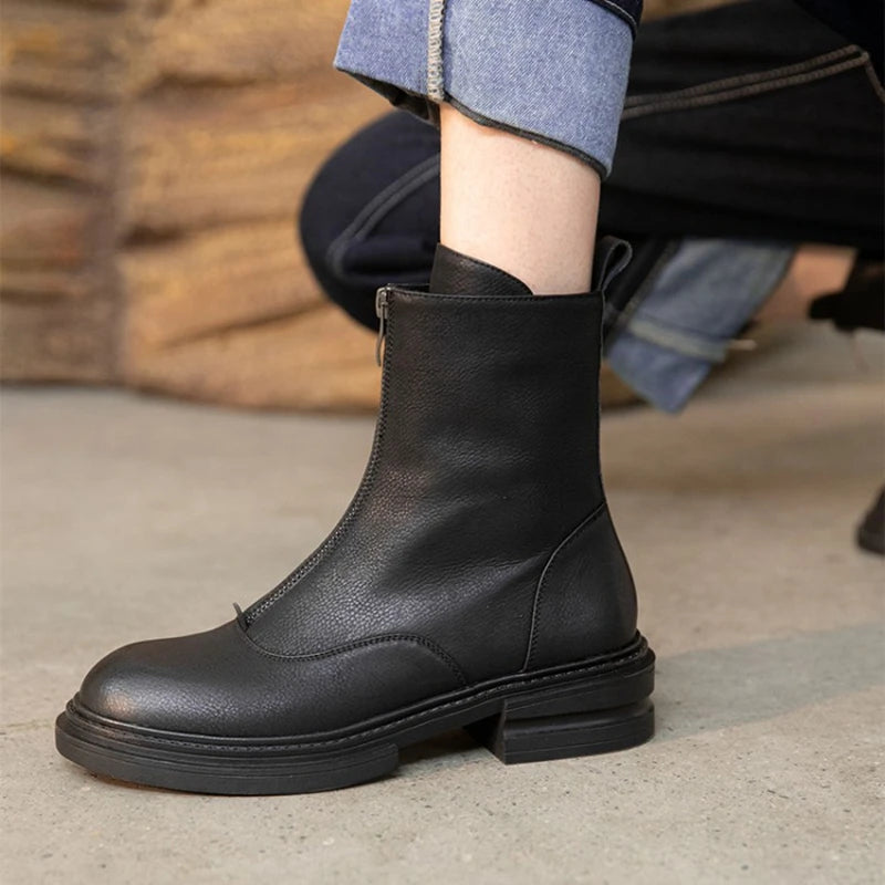 Futurecen  -  New Winter Shoes Women Round Toe Thick Heel Women Shoes Split Leather Boots Women Zipper Short Boots Womens Designer Boots