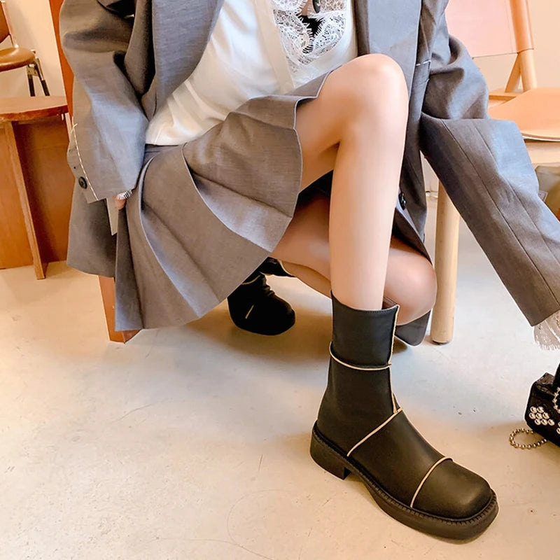 Futurecen NEW Autumn Shoes Women Genuine Leather Boots Lattice Square Toe Chunky Heel Boots Women Casual Zipper Short Black Boots