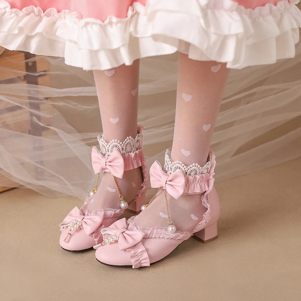 Futurecen Classic Bow Lolita Shoes Sweet Lace back zipper Ankle Strap Spike Heel Pumps Female Cosplay Party Ruffles Princess High Heels