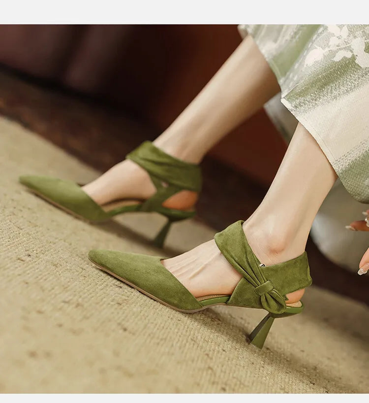 Futurecen Summer Women Sandals Pointed Toe Thin Heel Women Shoes Sheep Suede Leather Shoes for Women Cover Toe High Heels Party Shoes