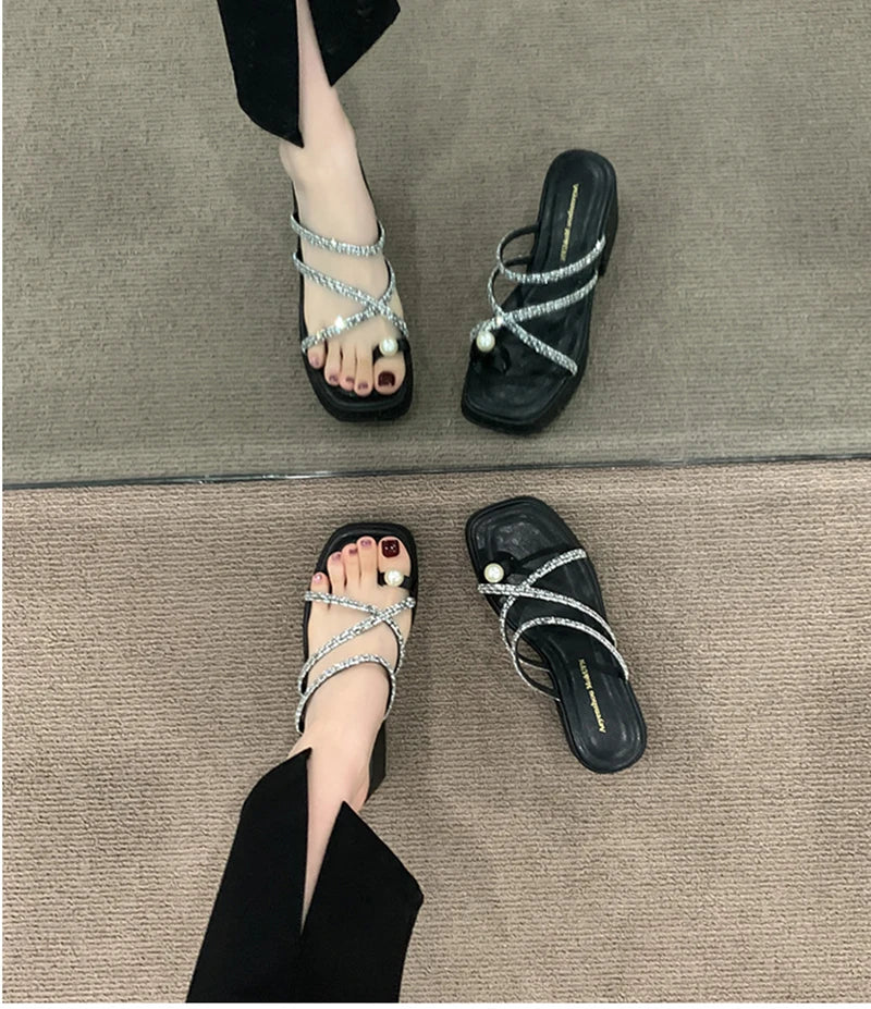 Futurecen Summer Clip Toe Women Slipper Fashion Elegant Crystal Narrow Band Thick Heel Slides Ladies Elegant Dress Sandalias Shoes