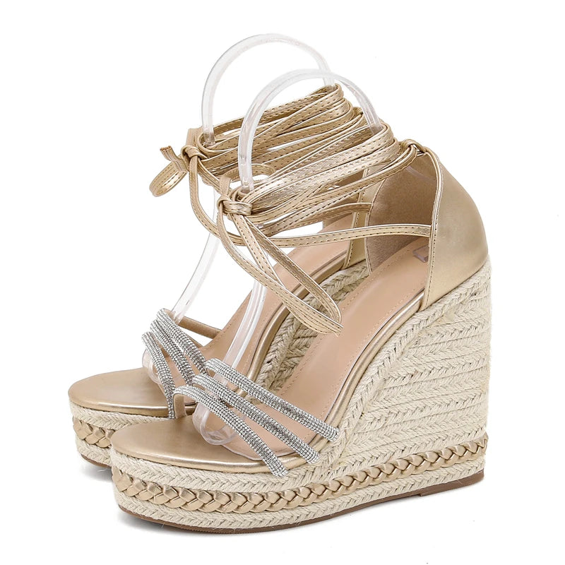 Futurecen Gladiator Solid Platform Wedges Sandals Female Summer Ankle Lace-up High Heels Crystal Woman Fashion Shoes