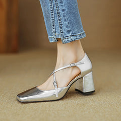 Futurecen Women Pumps 6 cm Mary Jane Shoes French Style  Patent Leather Sandals Buckle Spring Autumn Pumps Square Toe Lady Shoes