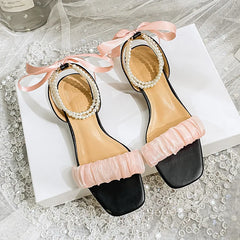 New summer women's sandals fashion pearl design Korean style party and work wear ladies casual shoes High heel 41-43