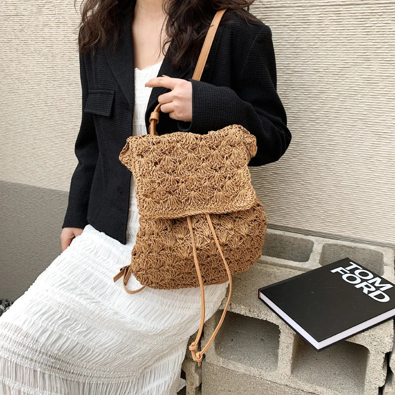 Futurecen  - fancy bags Straw Backpack for Women Design Casual Woven Rattan Travel Bagpack Beach Holiday Style Female Knit Drawstring Korean Rucksack