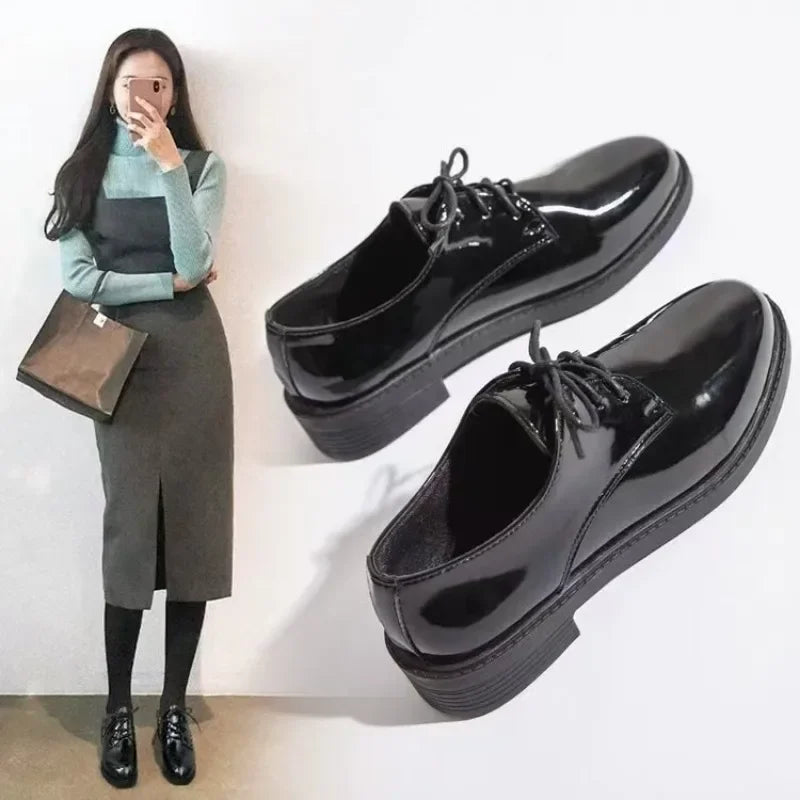 Futurecen  -  Women New Black Platform Flats Shoes Ladies Loafers Lace Up Elegant Small Leather Shoes Designer Casual Leather Oxfords