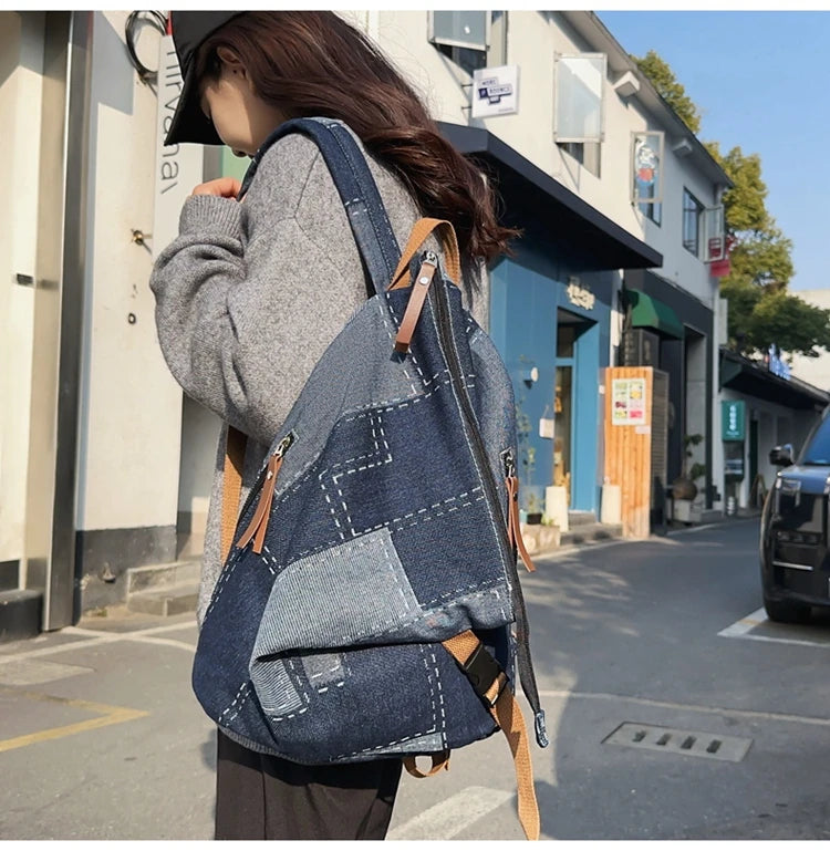 Futurecen New Women Denim Vintage College Backpack Lady Leisure Retro Trendy Female Patchwork Book Bag Fashion Girl Cute Travel School Bag