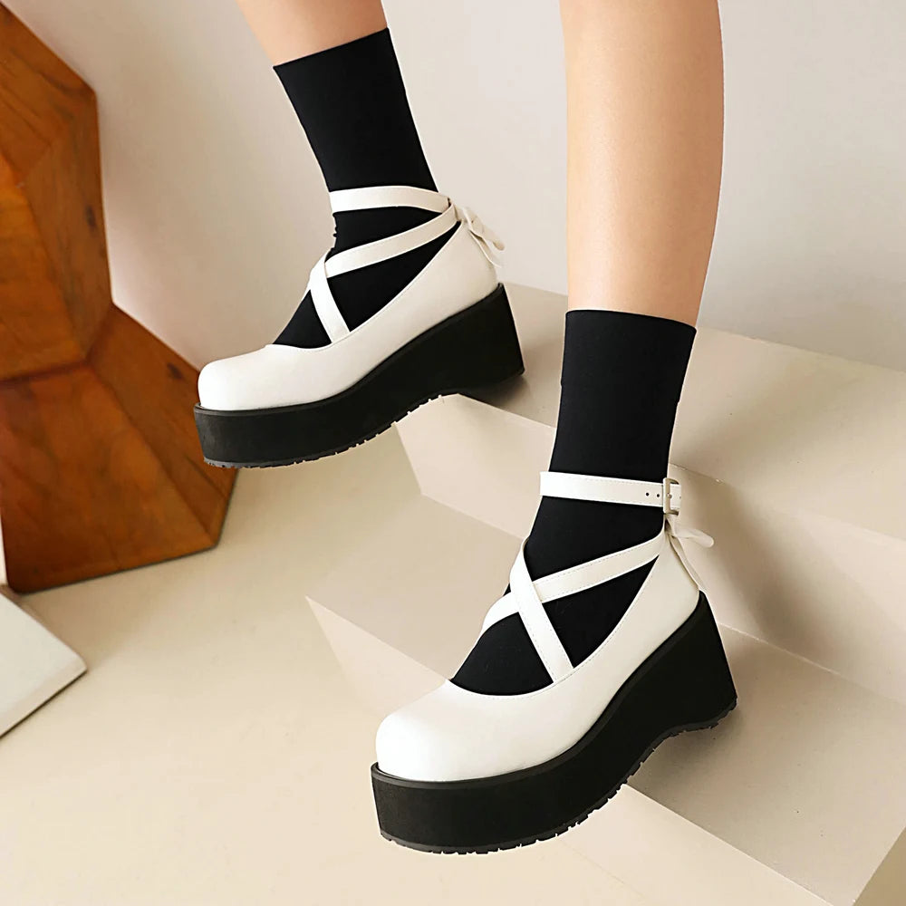 Futurecen Bowknot Lolita Shoes Platform Heels Women Pumps Japanese School JK Uniform Fashion Girl Rear Bow Tie Thick Sole Mary Jane Buckle