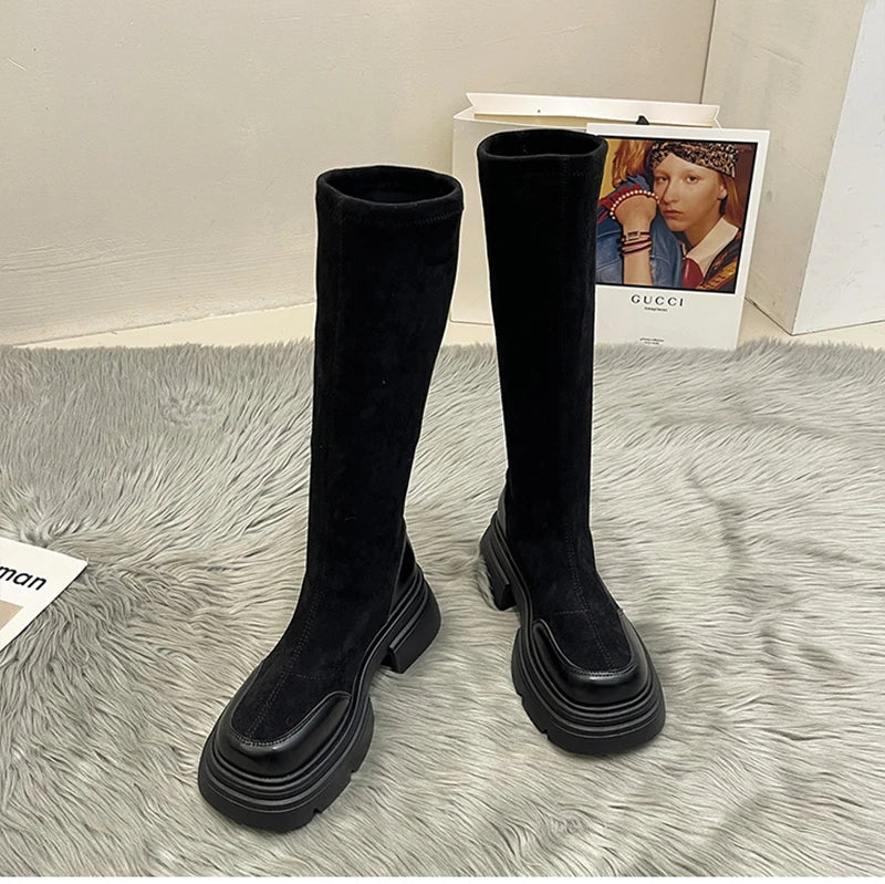 Futurecen Winter Elastic Fabric Woman High Boots Fashion Side Zippers Ladies Comfort Platform Thick Bottom Long Boots Shoes Women's Boats