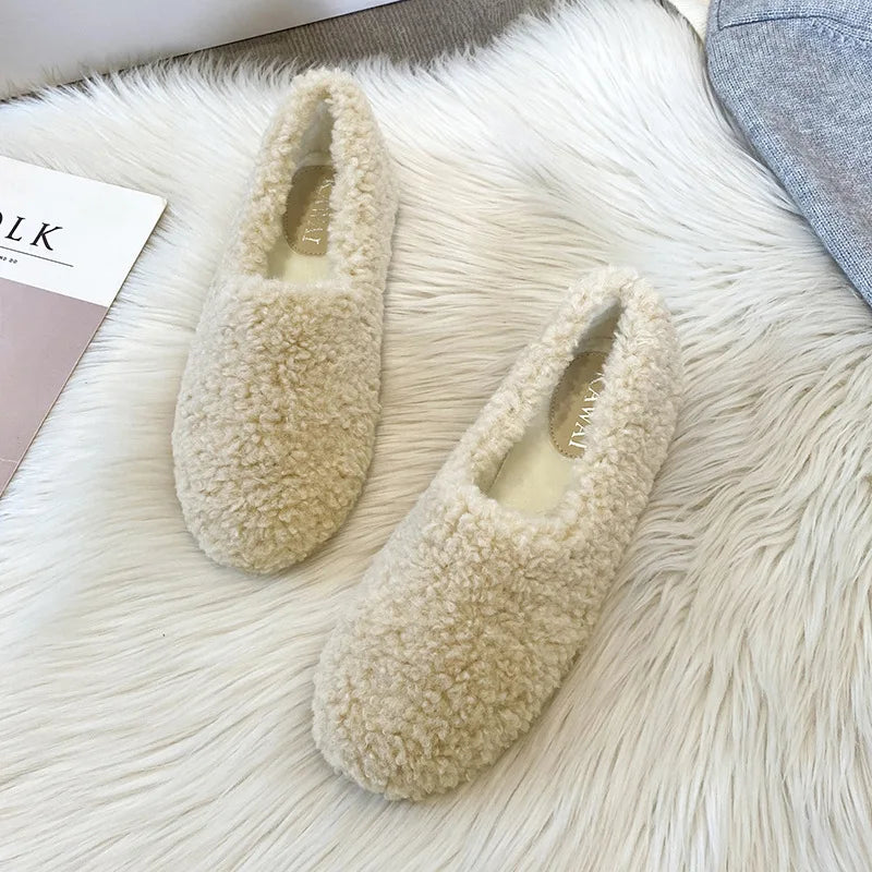 Futurecen  -  Plus Size 34-43 White Lambswool Loafers Woman Winter Cotton Shoes Warm Plush Mocasines Mujer Ladies Daily Sheep Fur Flats