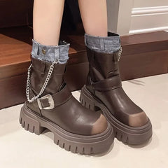 Futurecen  -  Women Mid Calf Boots Goth Street Cool Boots Women Splicing Leather Shoes Chunky Punk Outdoors Motorcycle Booties Autumn Winter