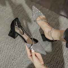 Women Shiny Crystal High Heels Pumps Shoes Summer Ankle Straps Thick Heeled Sandal Woman Pointed Toe Party Dress Shoes