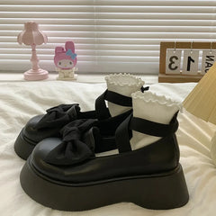 Color Bow Thick Platform Mary Janes Women Lovely Round Toe Non-Slip Flats Woman Ankle Strap Pu Leather Lolita Shoes Pumps