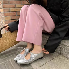 Futurecen  -  Spring/Summer Women Shoes Ballet Flats Ladies Leather Shoes Girl New Narrow Band Silver Flats Bling Bling Gold Round Loafer