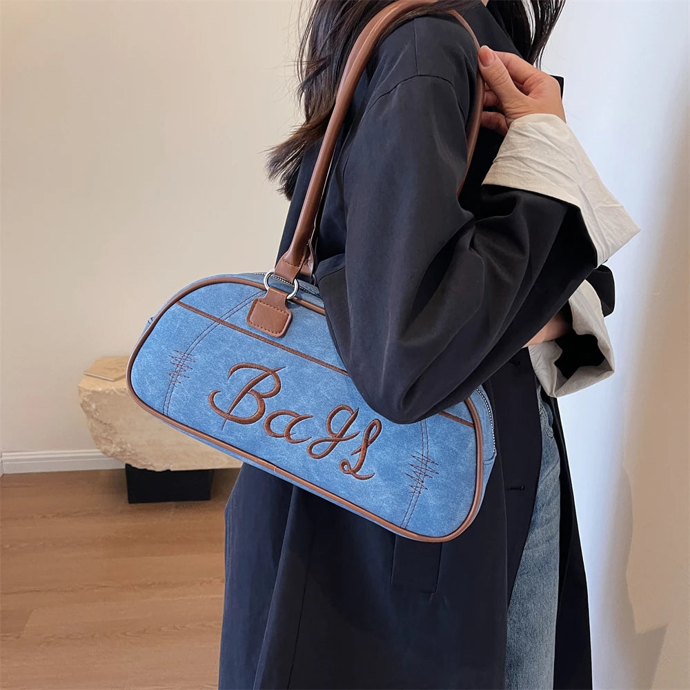 Futurecen Retro Bowling Shoulder Bags For Women Letter Embroidery Solid Color Long Handle Boston Bag Luxury Designer Handbags